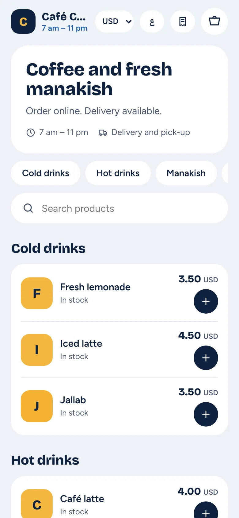 A café's PosWave web shop on a phone, with its menu and delivery details