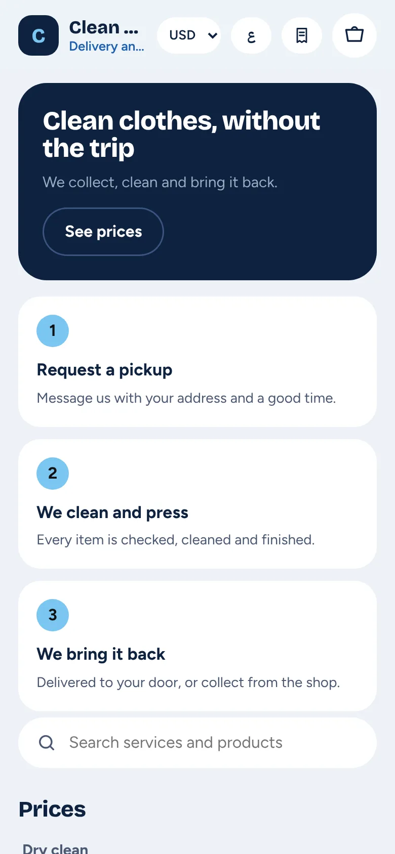 A laundry's PosWave web shop on a phone, with a Request a pickup button