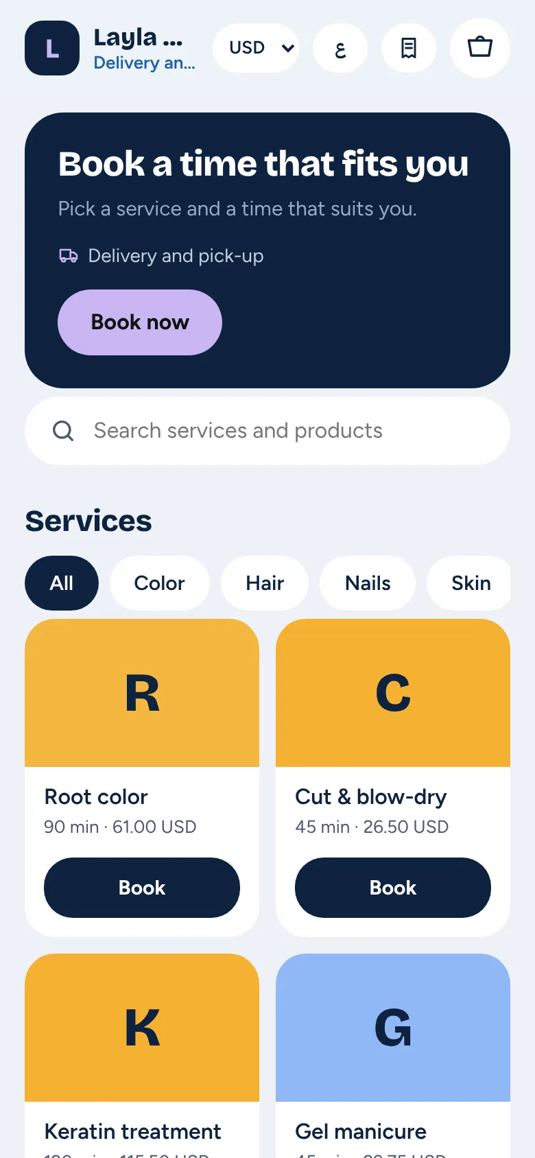 A salon's PosWave booking page on a phone, with services and Book buttons