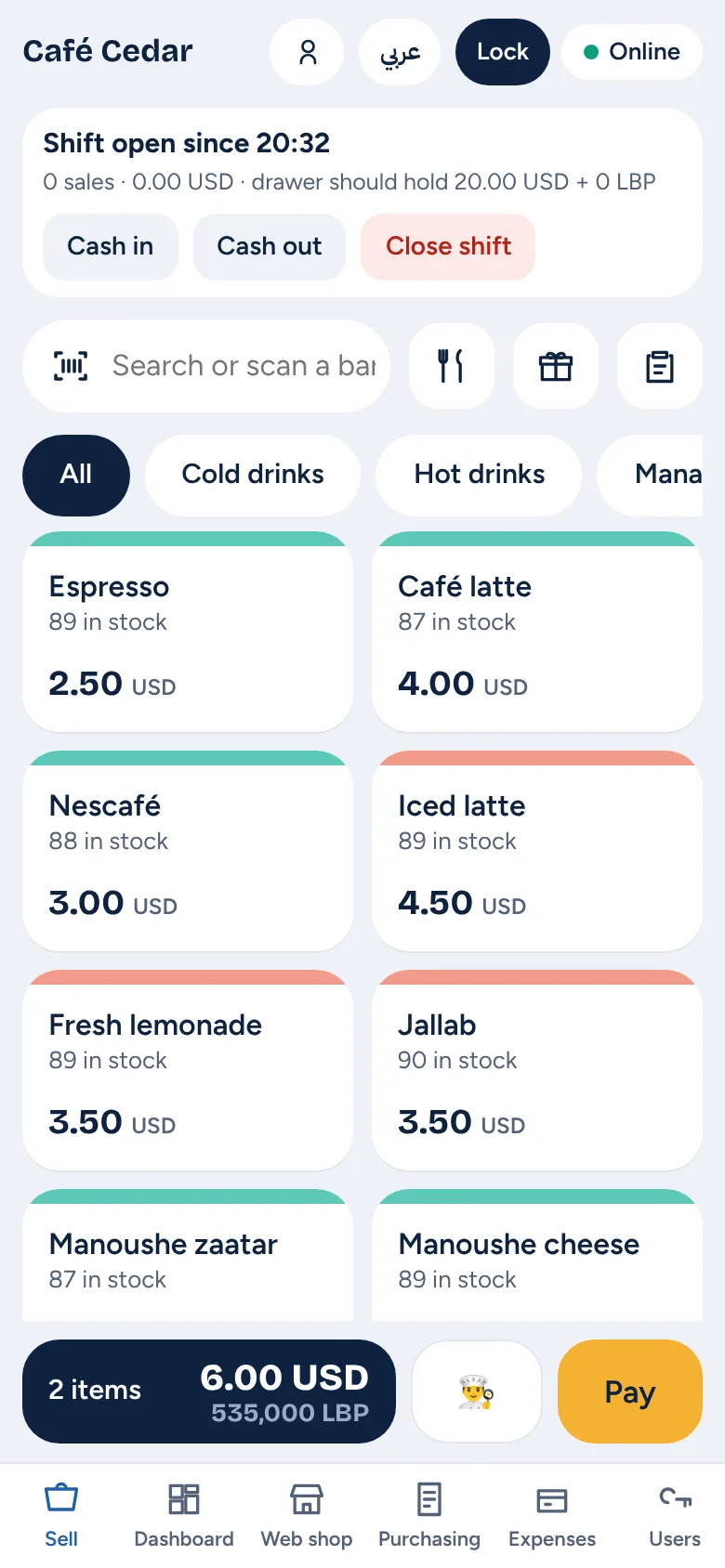 A café's PosWave till on a phone, with the basket total and a Send to kitchen button